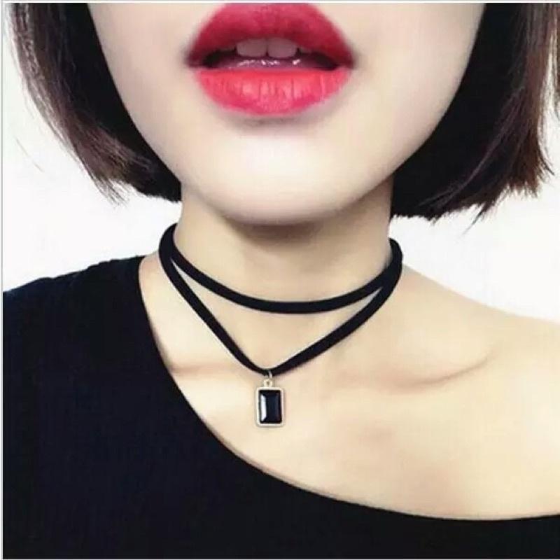 Kalung Cantik & Manis Choker A16 Black Leather Gem Pendant Necklace 4
