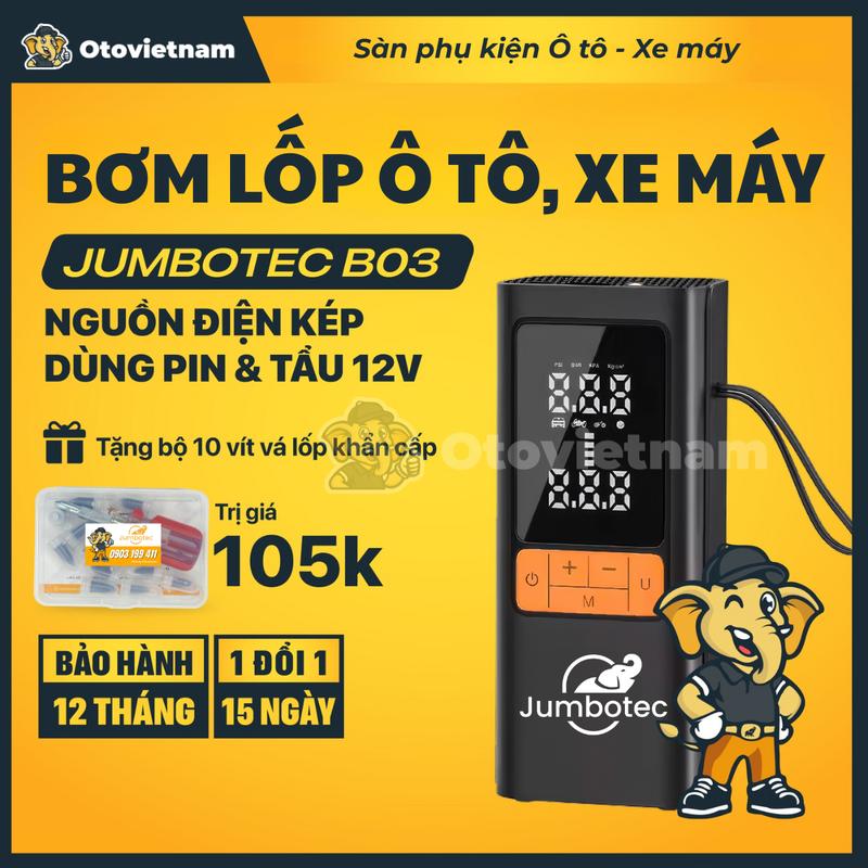   Hỏa tốc HCM  Bơm lốp Xe máy Ô tô Jumbotec B03: Nguồn Điện Kép  Pin 6000mAh và Tẩu 12V  Có Đèn Pin & Sạc Dự Phòng - Bảo hành 12 tháng 