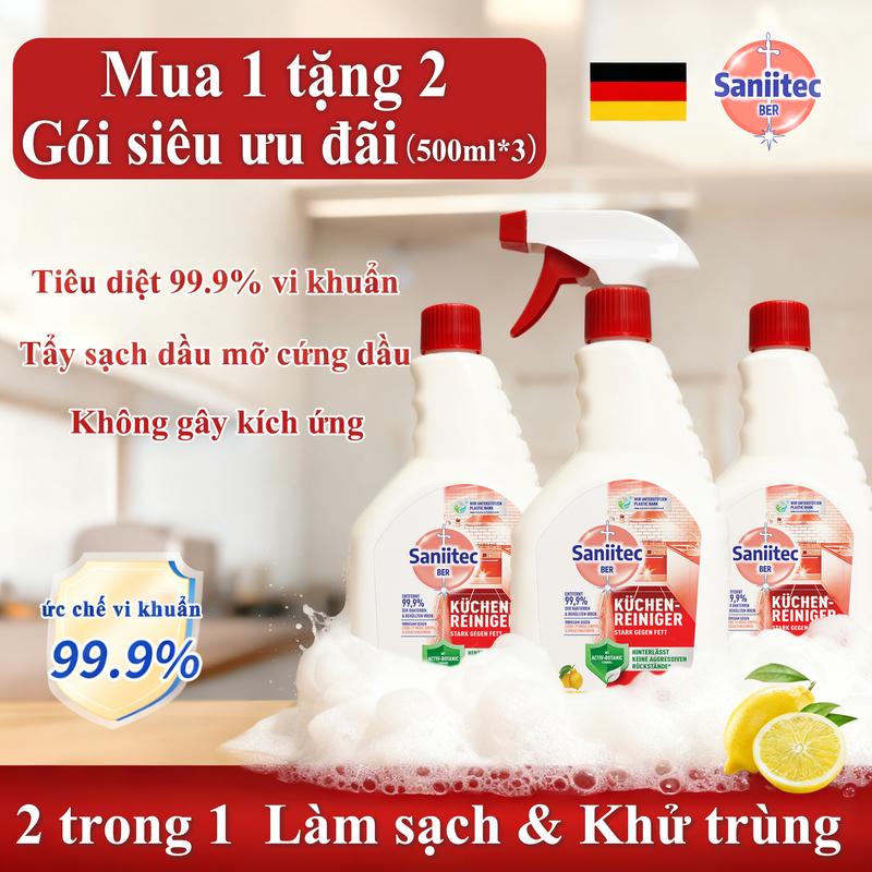 【MUA 1 TẶNG 2 3 chai kèm 1 đầu xịt Nước Rửa Bếp Saniitec 500ml Diệt 99.9% Vi Khuẩn - Khử Dầu Mỡ Cứng Đầu & Mùi Hôi Hiệu Quả | Không Cặn An Toàn Da Tay | Công Nghệ Đức - Chuyên Dụng Cho Bếp Gia Đình