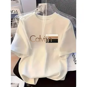 Kaos Unisex Katun 220g Lengan Pendek, Kerah Bulat, Model Longgar Gaya Amerika dengan Sablon Print