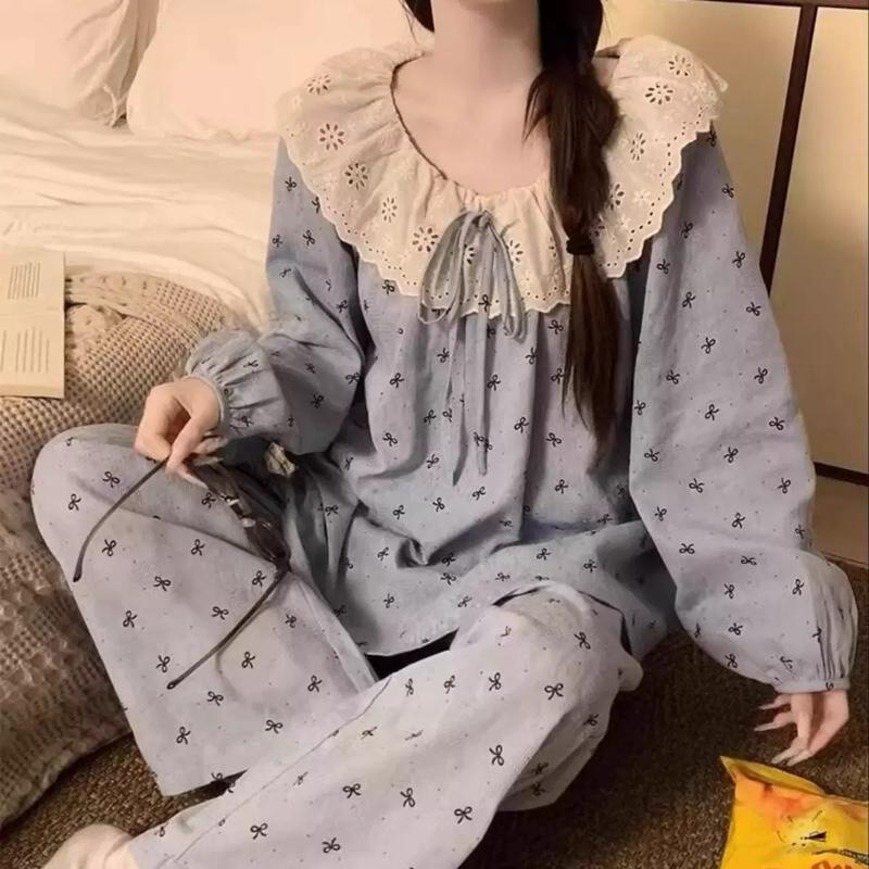    MỞ BÁN   Bộ pijama tay dài dành cho nữ - cổ ren thắt nơ - chất đũi thô - phù hợp cho mùa thu đông 