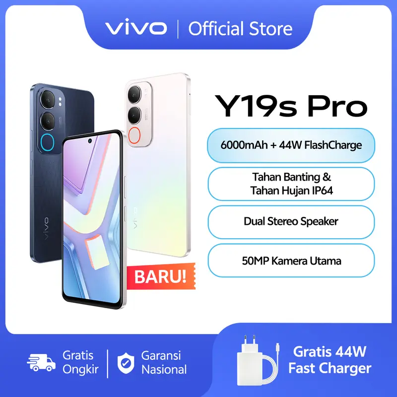 vivo Y19s Pro 6000mAh 44W FlashCharge, Tahan Banting Ekstrem, Tahan  Hujan IP64, Dual Stereo 4+128GB Glossy Black