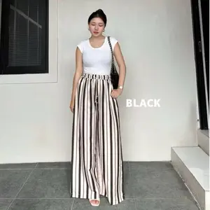 Everyday Pants - Strip Pants - Celana Katun Panjang Wanita Baggy Kantor Kuliah - Kulot Pinstripe - Celana Formal Casual Wanita Loose Basic