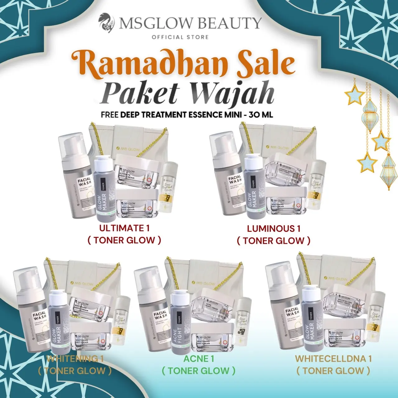 MS GLOW PAKET WAJAH ISI 5 ( WHITENING, ULTIMATE, ACNE, LUMINOUS, WHITECELLDNA )