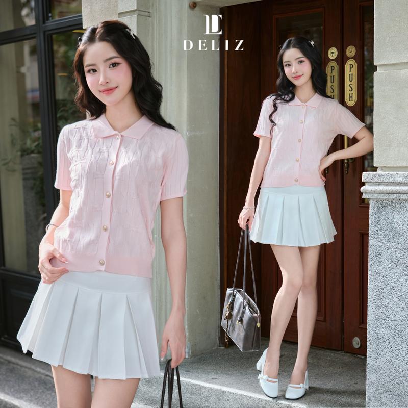 DELIZ - BST MỚI - Áo len nữ mùa hè phối cúc cổ polo tay ngắn chất len lông thỏ cao cấp dệt kim vặn thừng PL36