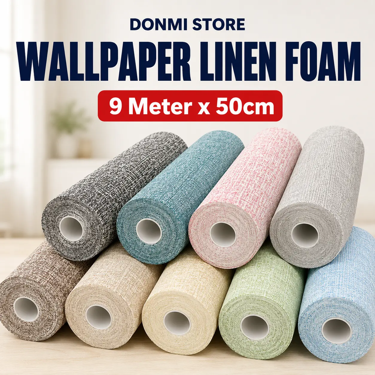 DONMI Store Wallpaper Linen Foam 9 Meter x 50cm Tebal 3mm – Wallpaper Dinding Tekstur Linen Banyak Warna Mudah Dipasang