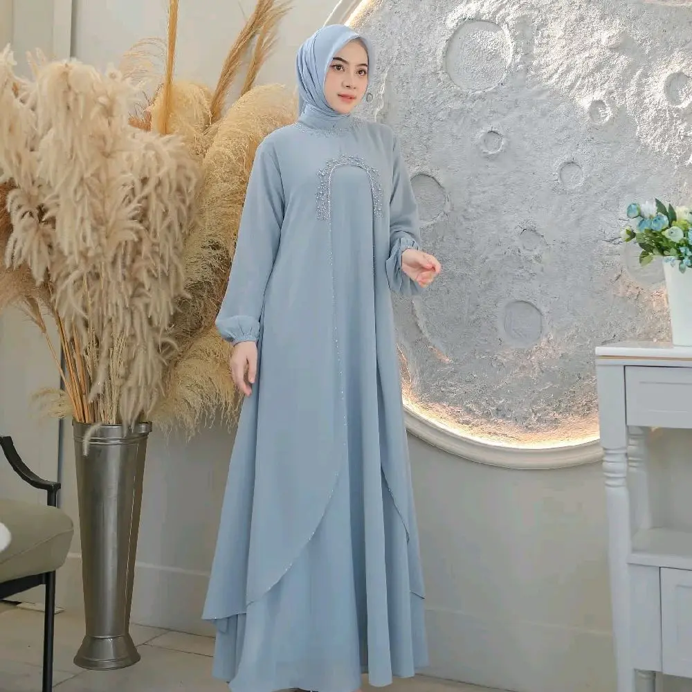 Dress Muslim Wanita Liora Abaya Gamis Ceruty Babydoll Mix Payet Mutiara - Pesta, Kondangan mahesa suncreep zaenab pink baju lebaran