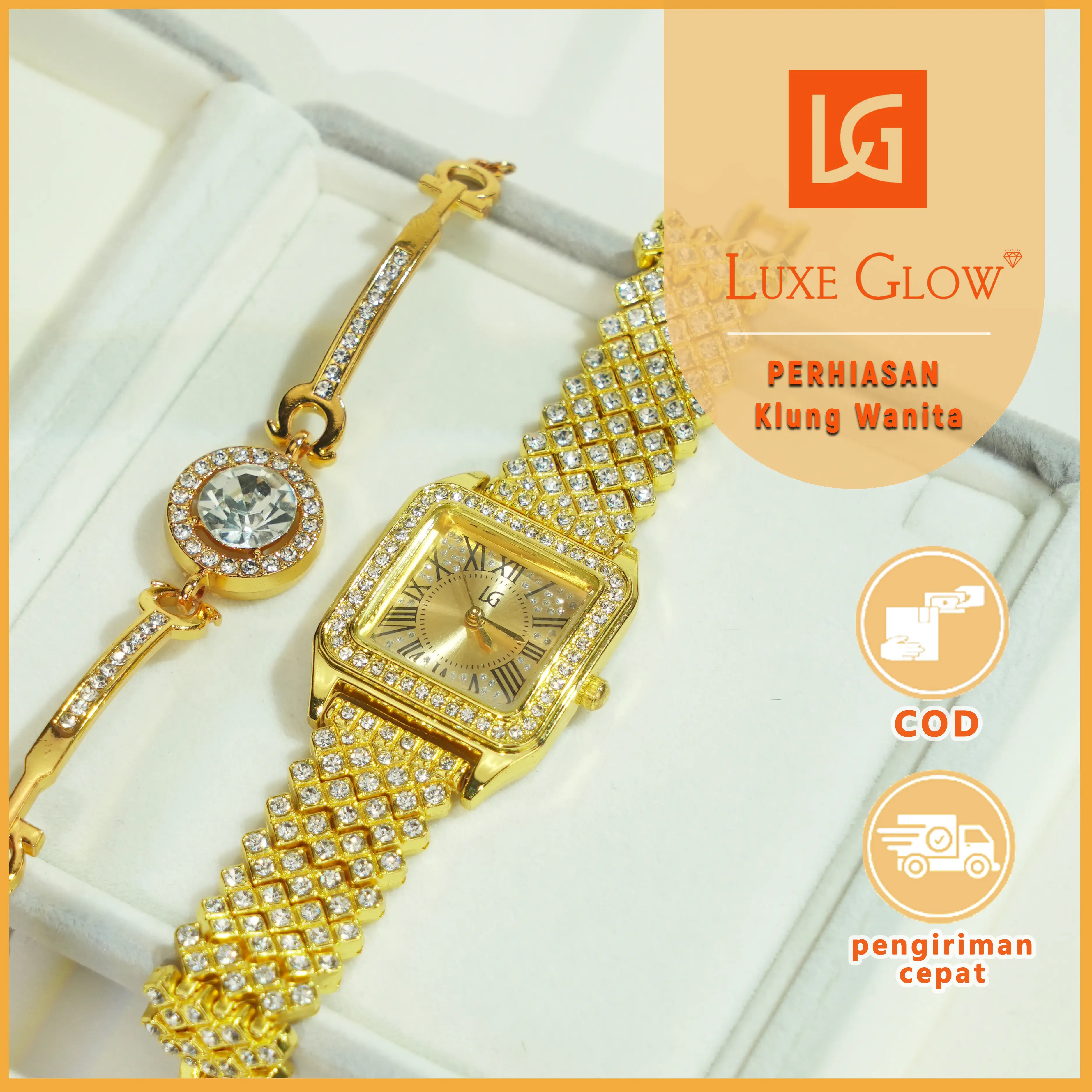 LuxeGlow COD 【Beli 1 Gratis 1】Beli jam tangan dapat gelang. Tidak luntur. Jam tangan persegi warna emas berkilau. Jam tangan wanita elegan dengan tali asli. Paket 2 in 1 berisi jam tangan dan gelang.