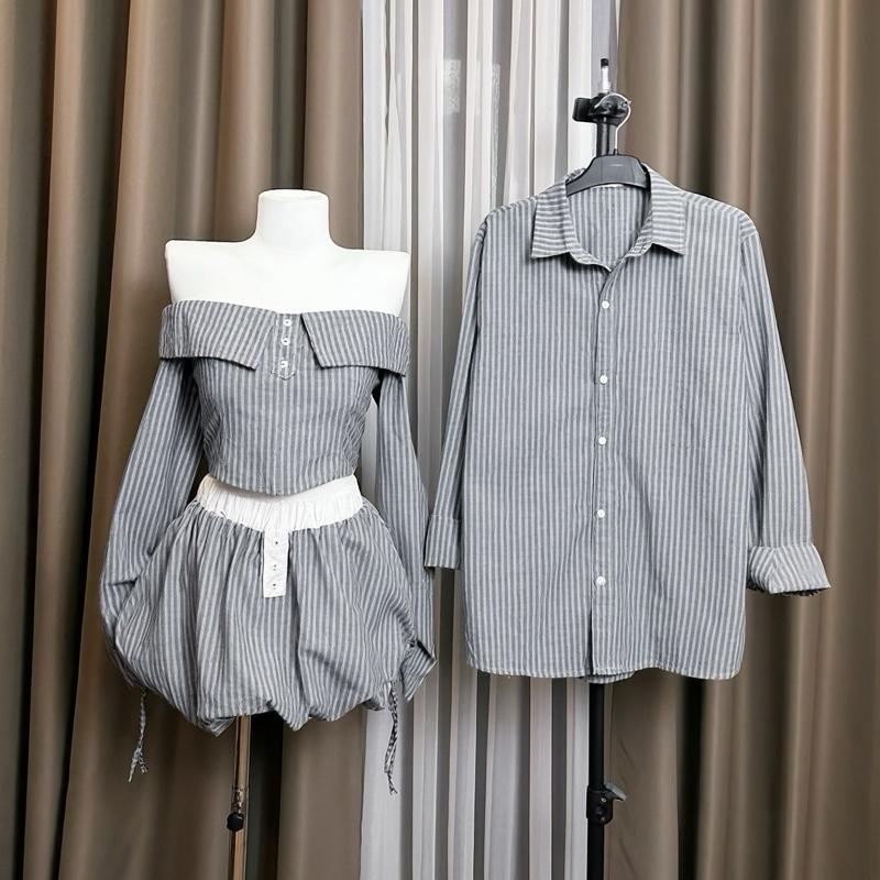   S - 76  GIÁ MỞ BÁN  Set đồ đôi nam nữ couple bộ nữ trễ vai tay dày kèm chân váy bí phồng và áo sơmi nam tay dài đồ đôi mặc cùng người yêu set đôi mặc đi chơi cùng ngyeu cặp 