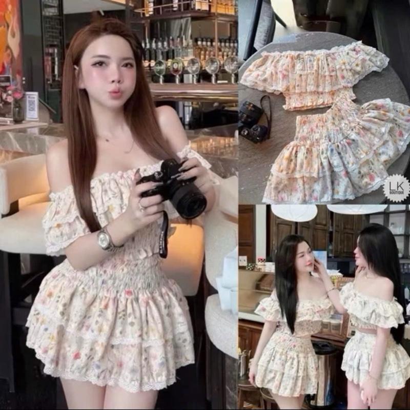 [Bèo Béo Bigsize ] Set Áo Trễ Vai Hoa Nhí Thêu Phối Bèo Ren Kèm Chân Váy Tầng Bigsize 60-90Kg