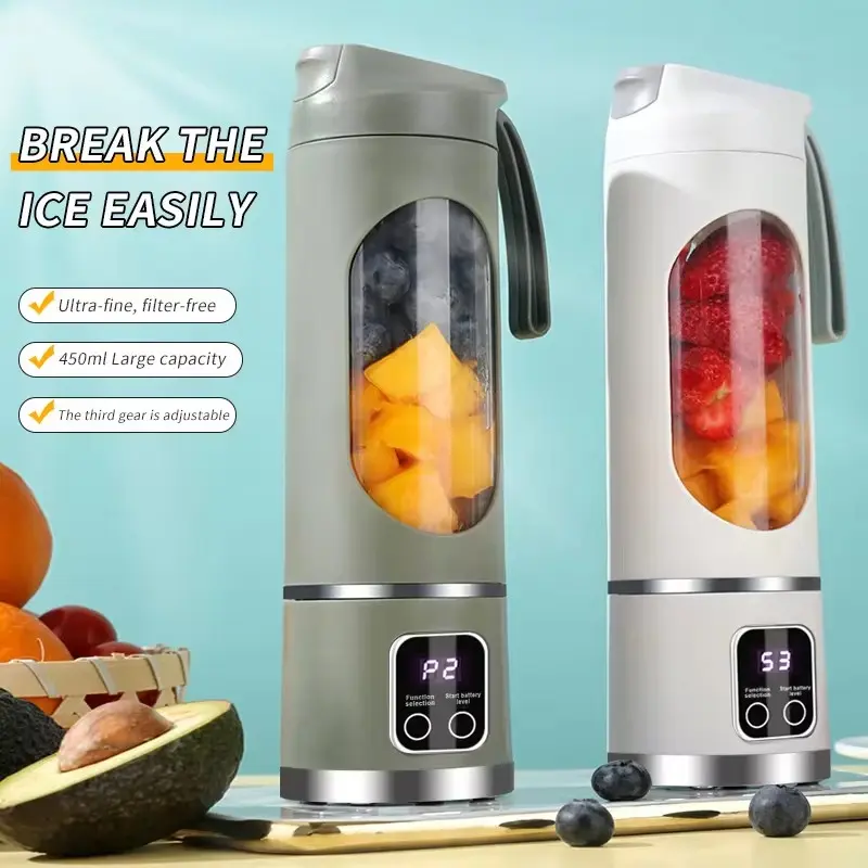 450ml Fruit Juicer 8 Blades 3 Gears USB Rechargeable Portable Blender Ice Crusher for Shakes and Smoothies Juicer Cup Portable Dual-Power Juice Blender