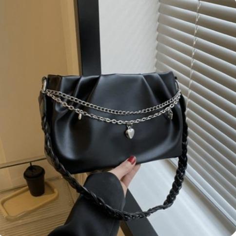 Tas Selempang Wanita Rantai Woven Strap Shoulder Bag - Tas Cewek Premium JS2 492 Kulit Hitam 2