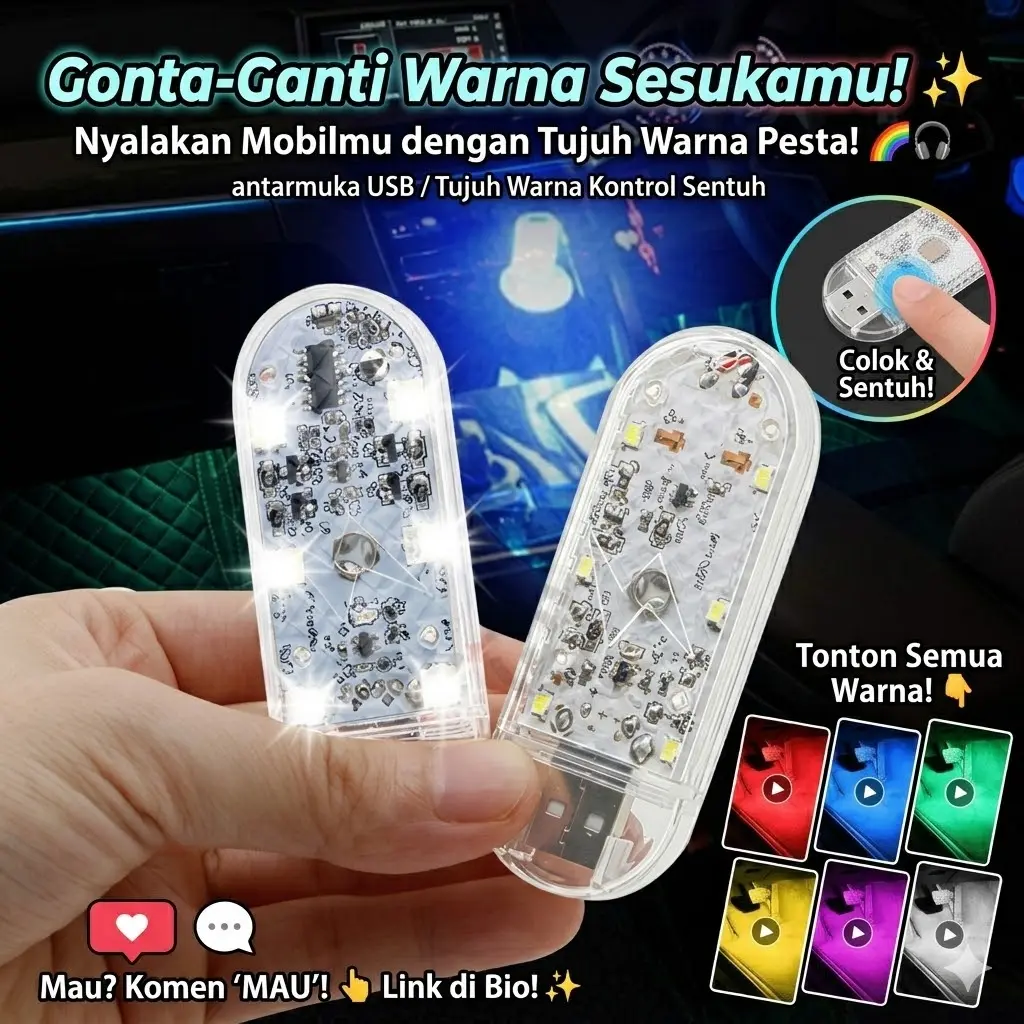 7 Warna RGB Lampu Plafon Mobil & Motor – LED Sentuh, USB Isi Ulang, Magnetik, Mini Ambient Light Car