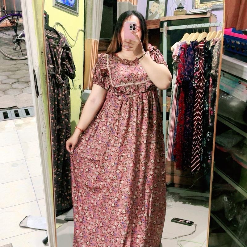 Daster Wanita Ara Log Busui Frenly Renda Rimpel Panjang 135cm - Arab, Pendek, Dress, Bumil, Kancing, Rempel, Rayon, Balon, Motif 2