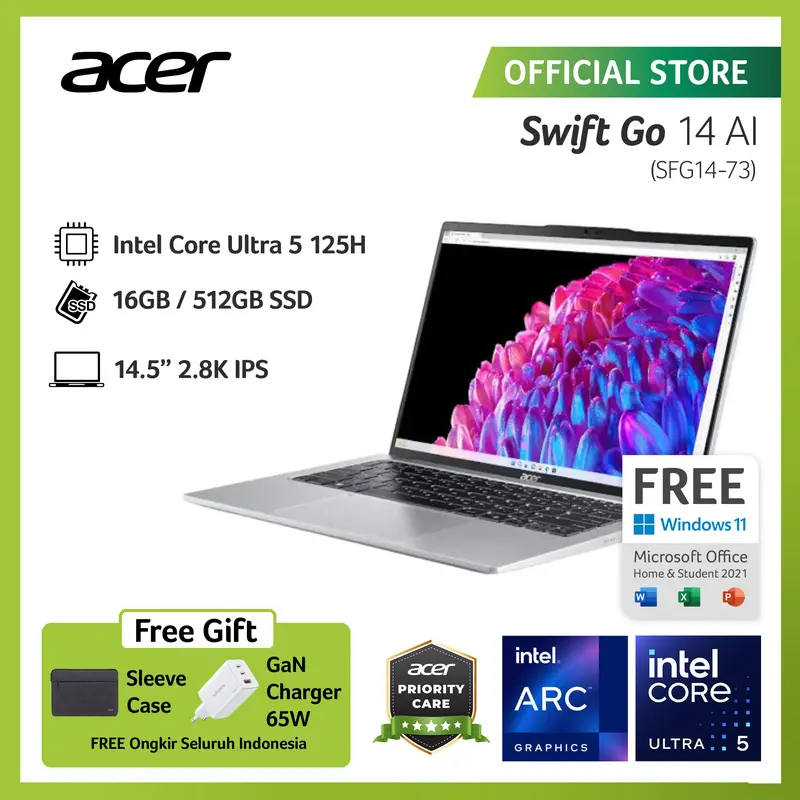ACER SWIFT GO 14 WITH AI SFG14-73-5135 14" I-ULTRA 5 125H16GB 512GB SSD INTEL ARC WINDOWS 11 0