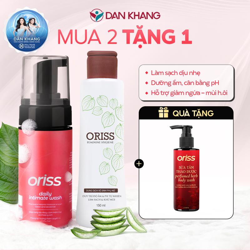 LIVE Combo Dung dịch vệ sinh Oriss hỗ trợ làm sạch dưỡng ẩm lưu hương nước hoa 1 Bọt vệ sinh Oriss Daily Intimate Wash + 1 Dung dịch vệ sinh trầu không dạng gel