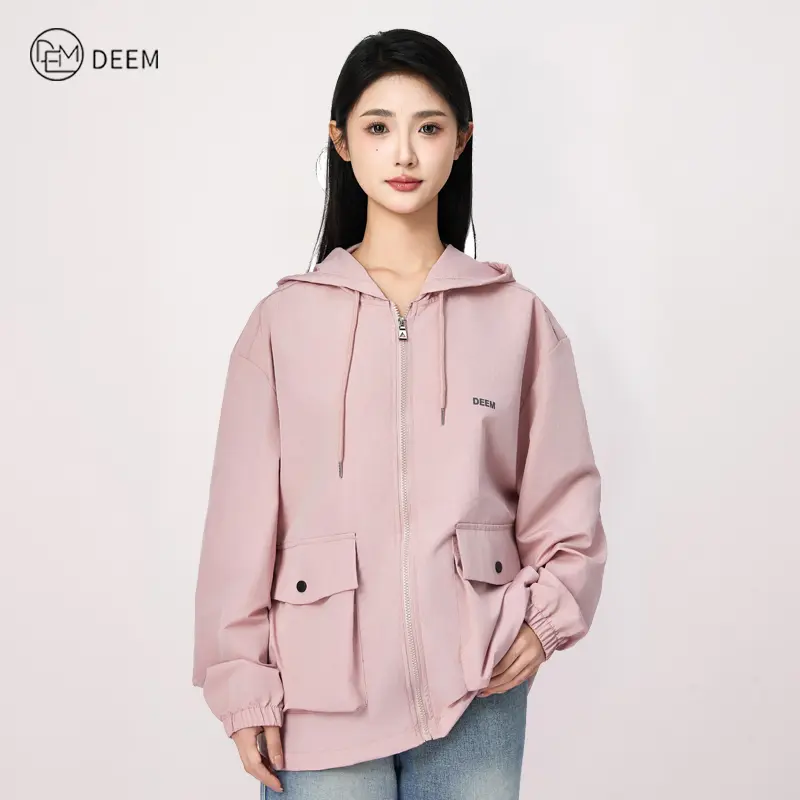 DEEM Women's Cargo Hooded Jacket Double Pocket Plain Tops Reflective Windbreaker Womenswear Casual Coats
