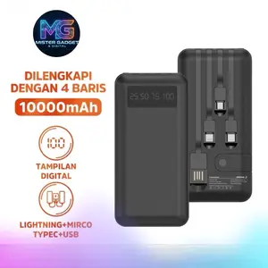 BASIKE Powerbank 10000mAh Fast Charging Mini LCD dengan Kabel Data Type C & 4 Port Pengisian Daya LED Display