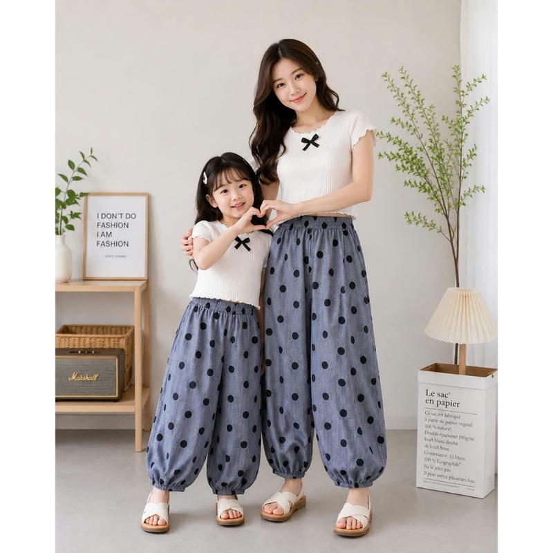 Quần Bé Gái 10-45kg Quần Dài Baggy Chấm Bi Quần Ống Rộng Cạp Chun Co Giãn Quần…