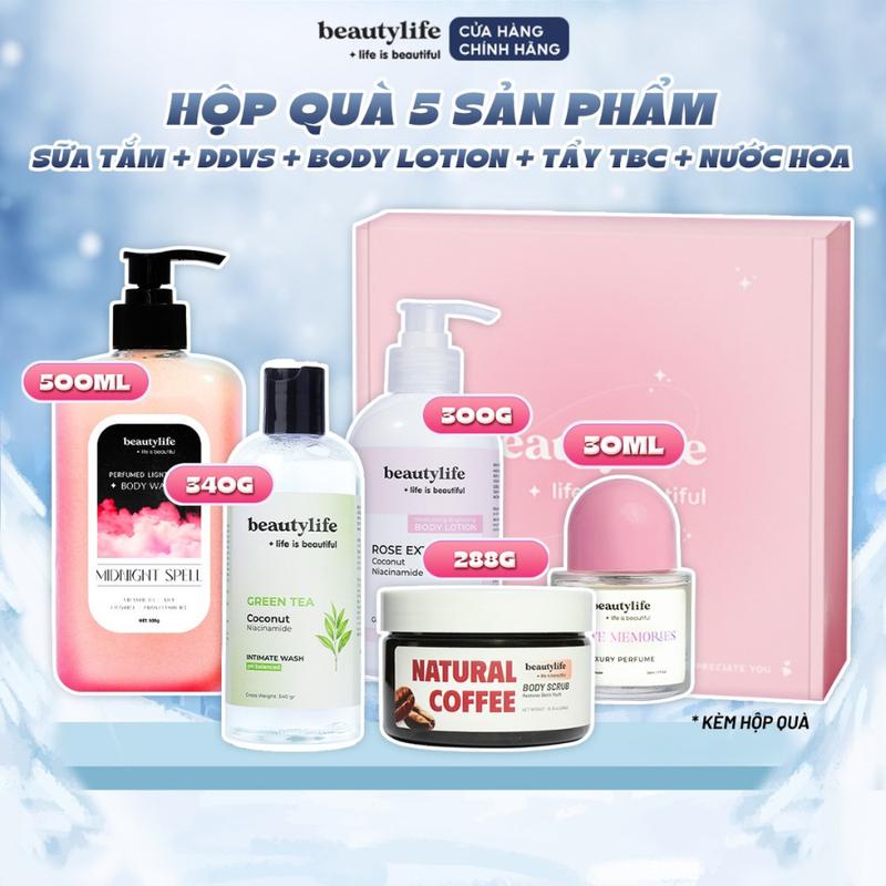  Combo Hộp Quà 5 món Sữa Tắm Sáng Da Nước Hoa 500ml + Tẩy Tế Bào Chết 288g + Sữa Dưỡng Thể 260g + Dung Dịch Vệ Sinh 300g + Nước Hoa 30ml beautylife 