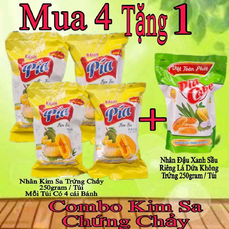 [ COMBO TRỨNG CHẢY MUA 4 TẶNG 1 ] 4 Cây Bánh Pía Màu Vàng Kim Sa Trứng Chảy ( 250Gr/Túi ) + Thêm 1 Nhân Đậu Xanh Sầu Riêng Lá Dứa - Thơm Ngon Vừa Ăn