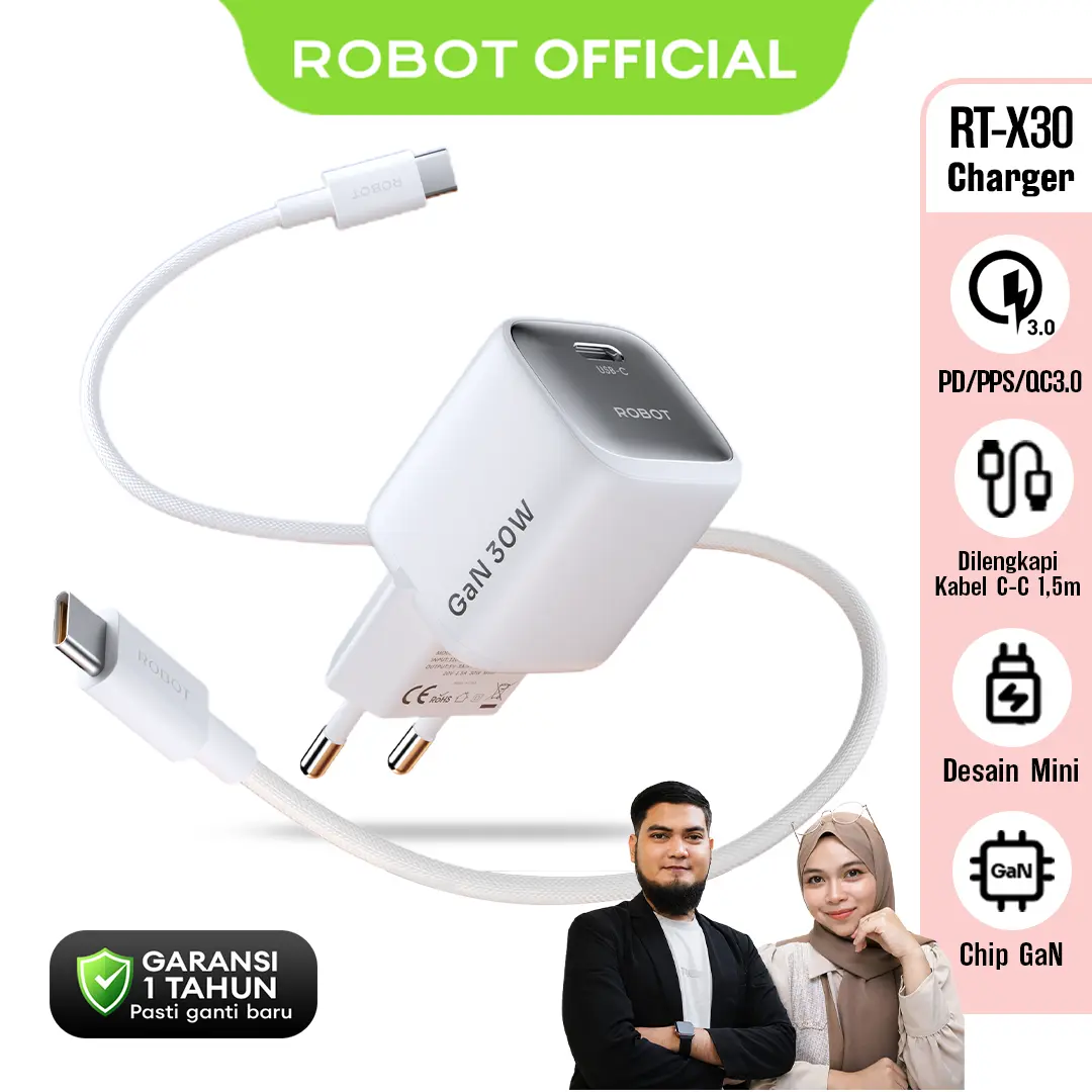 [Ekslusif irvangalih thiafitrii] ROBOT RT-X30 Charger GaN 30W dengan Kabel C-C 1.5m Desain Mini Chip GaN Super Fast Charging PD PPS QC3.0 Free Kabel Braided 1.5M