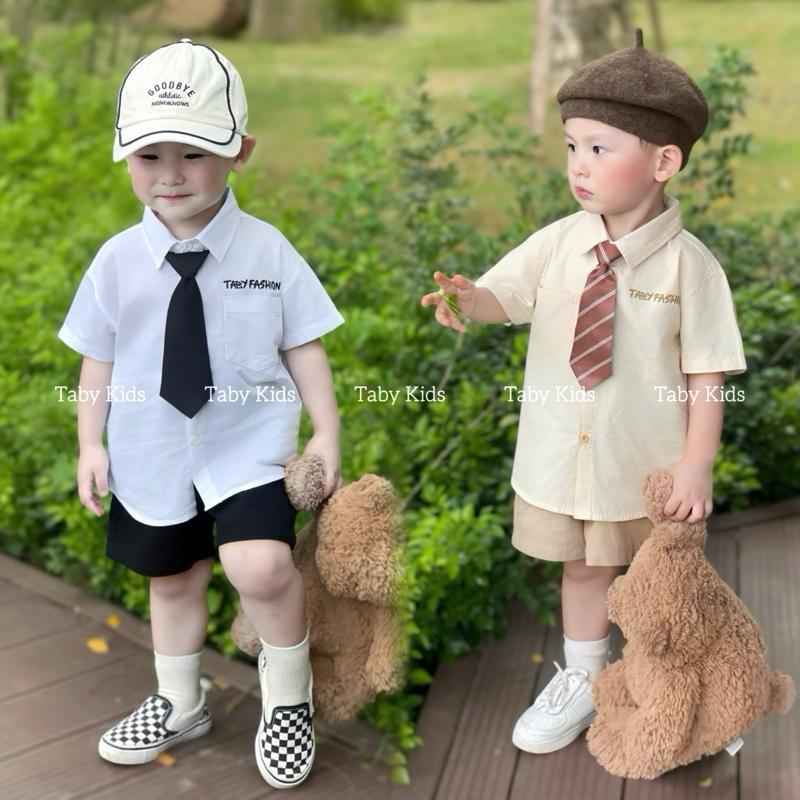 TABY Set sơ mi phối cà vạt đi học chất liệu thô mềm thoáng mồ hôi kết hợp quần kaki cho bé từ 9-27kg TB32