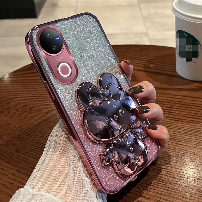 New Phone Casing for VIVO V50 5G V40 Lite V40 Pro Y19S Y100 Y200 Y28S Y28 Y18 Y03 V29e V29 V30e V30 Y17S Y27s V27 V27E Y27 Y36 Plated Transparent Shell + Glitter Paper + Rabbit Mirror Bracket Holder Case