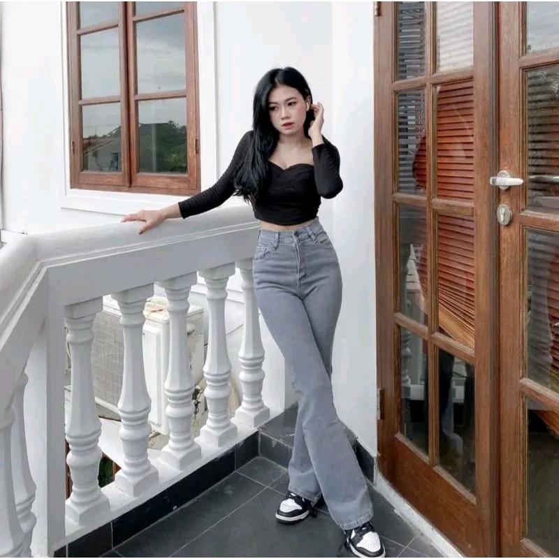 Celana Jeans Cutbray Abu Highwaist Slimfit Stretch Premium Quality Denim Panjang Wanita Melar manis light grey Korean regular kulot 3