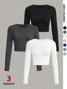 Playera corta de cuello redondo sólido para mujer, camiseta casual de manga larga y cuello redondo para primavera y otoño, top de moda para uso diario