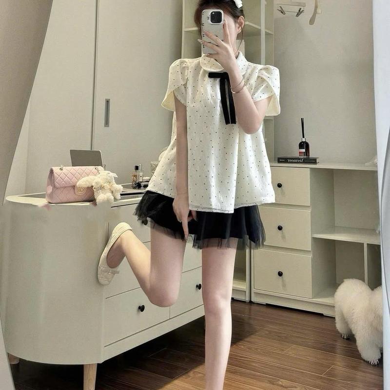 Sét Bộ Áo Ren Tiểu Thư Chấm Bi Cổ Sen Mix Nơ Dáng Babydol Kèm Chân Váy Lưới Dáng Ngắn Xinh Xắn