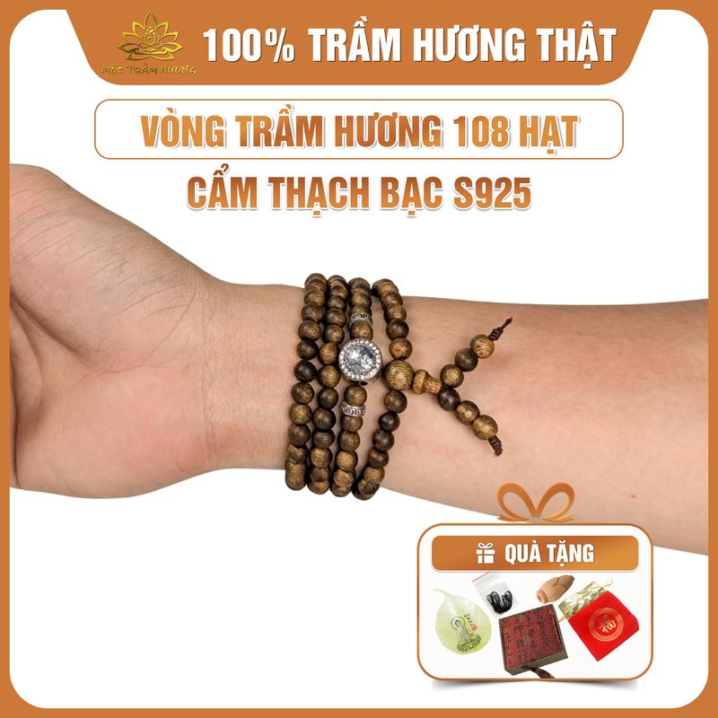 MTH Vòng Tay Trầm Hương Chuỗi Tràng 108 Hạt Mix Charm Bạc S925 Cẩm Thạch Mộc Trầm Hương - Vòng Trầm Tốc Việt Đủ Size Nam Nữ Phụ Kiện Hộp Gấm Túi Gấm Lá Bồ Đề Nụ Trầm Dây Xâu - Đeo Tay