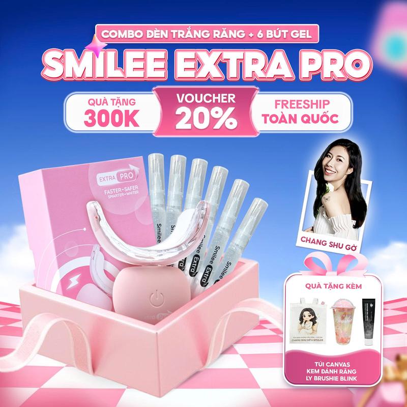 CSG_COMBO ĐỘC QUYỀN Bộ Kit Hỗ Trợ Làm Trắng Răng + 3 BÚT GEL LẺ Smilee Extra White Phiên bản cải tiến - Bảo hành 12 tháng - Hàng chính hãng + KEM ĐÁNH RĂNG + TÚI CANVAS CHANGSHUGO + 1 LY THỦY TINH BRUSHIE BLINK #KITEX