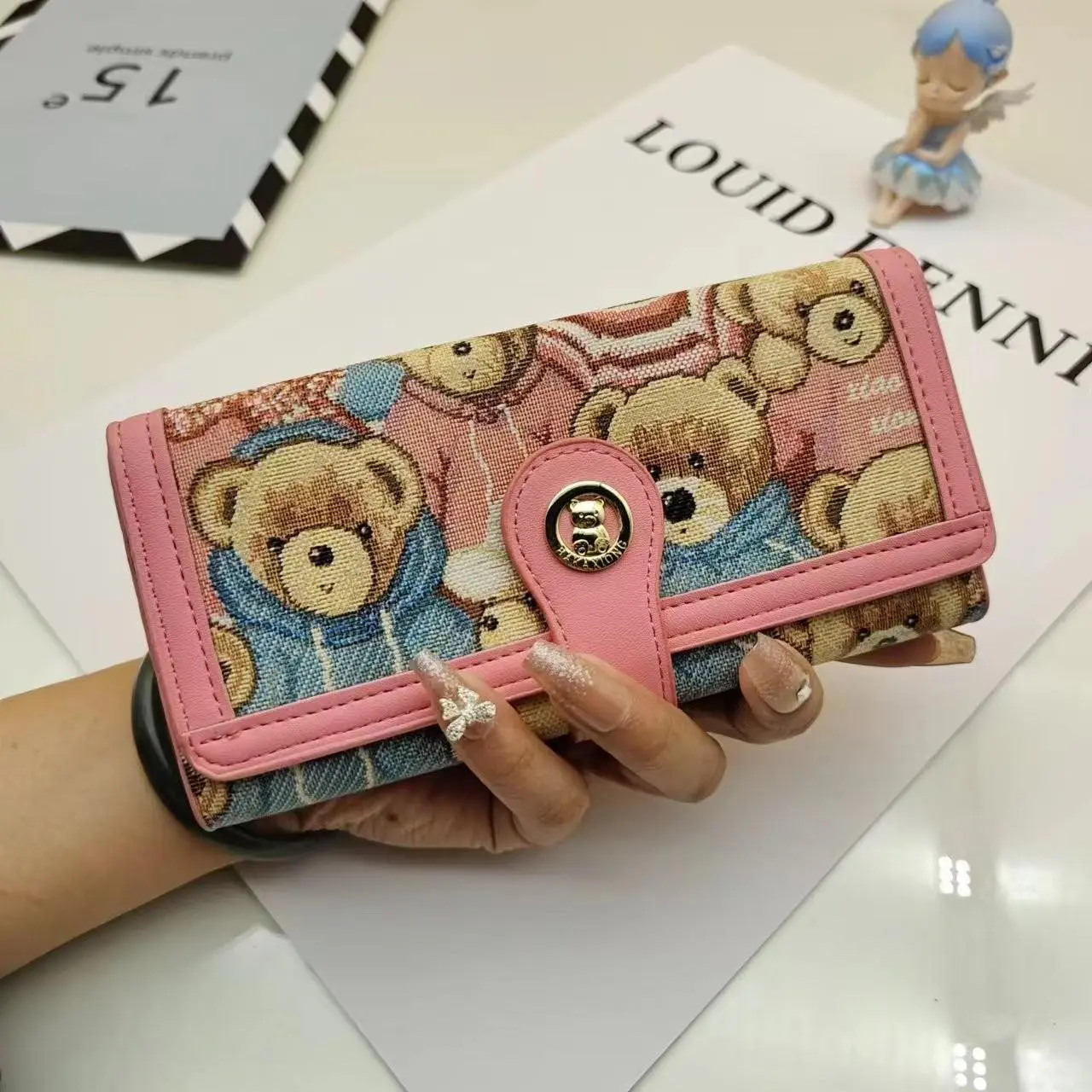 Dompet Wanita, Cetakan Beruang Comel, Panjang, Sesuai untuk Pelajar, Diskaun Tiga Kredit, Beg Dompet Berbilang Kad, Reka Bentuk Bunga
