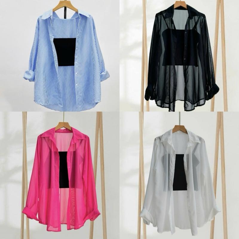 Áo cặp 2 món rời bigsize , áo sơ mi kẻ sọc vải lụa hàn mềm mại dành cho nữ từ (50-95kg) set