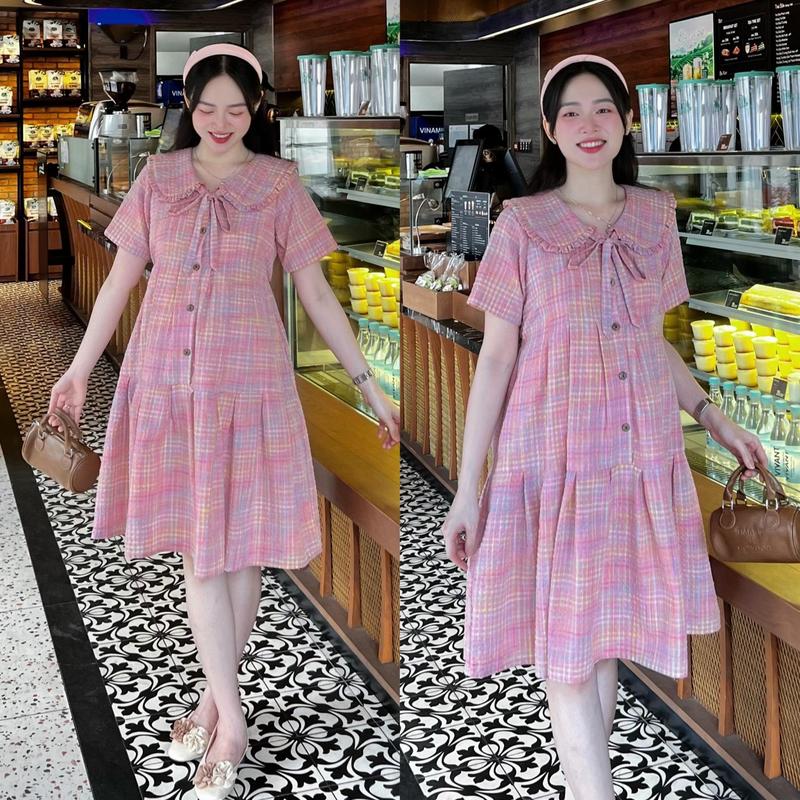 MUMMUM/Đầm bầu karo cổ sen đuôi cá xếp ly nơ sang chảnh, nhẹ nhàng bầu diện thoải mái/váy bầu tết, đầm bầu tết, Noel