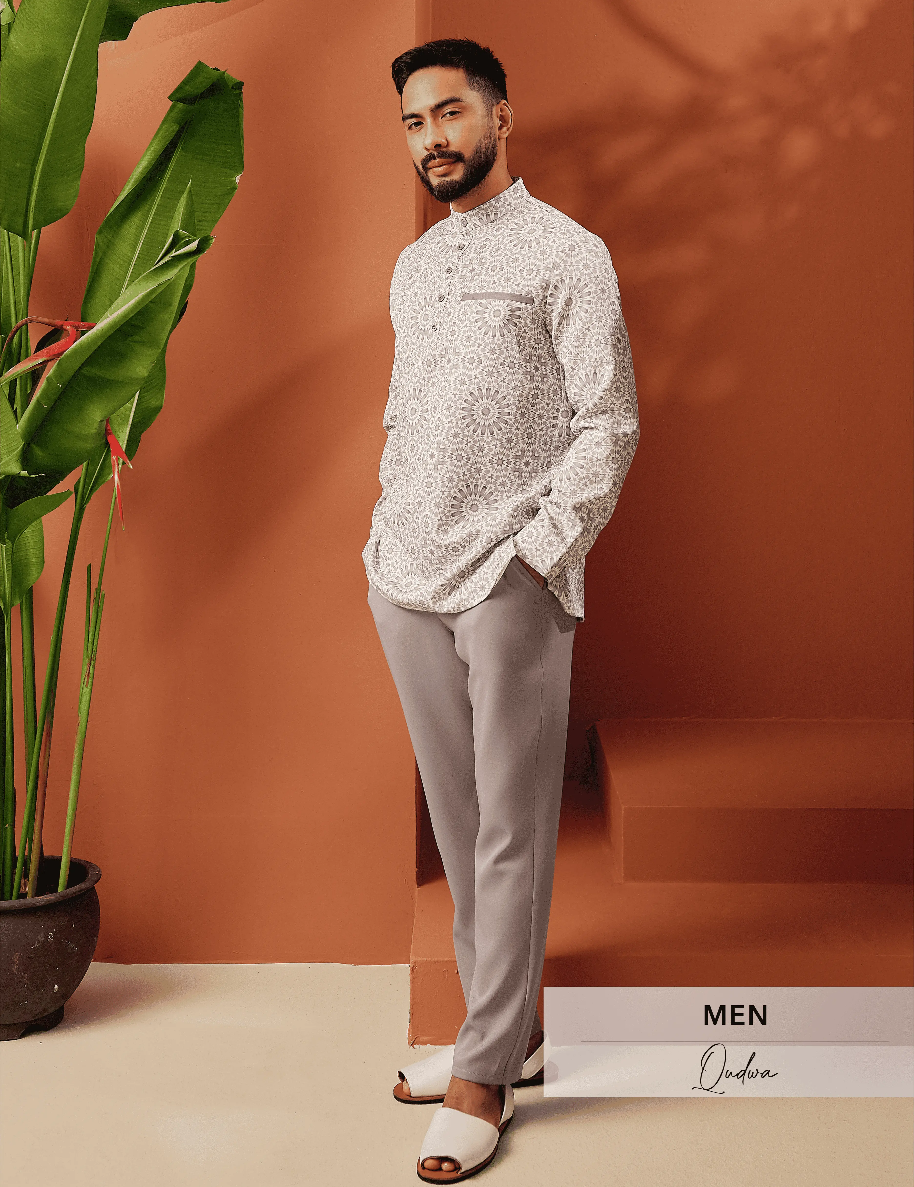 Qudwa Men Regular Fit Baju Kurung with Matching Grey Pants - Polyblend and Cotton Material, Brown/Beige