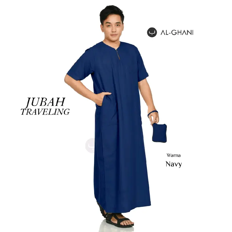 ALGHANI Jubah Traveling Dewasa Lengan Pendek Hitam Instan Muslim Katun Soft Panjang Gamis Cowok Putih Navy Oblong Pria 7
