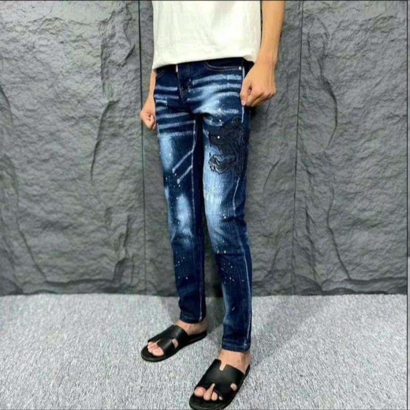 Quần Jean Nam Rách Gối Màu Xanh Đậm Loang Màu Chất Liệu Jeans Cao Cấp Dáng Skinny Phù Hợp Đi Chơi Công Sở Đời Thường