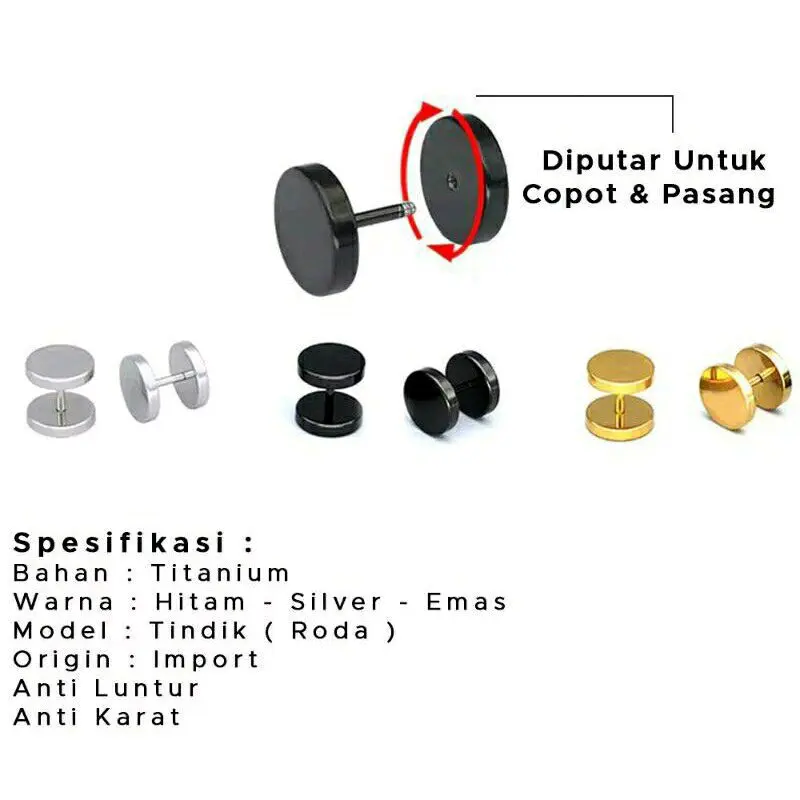 Anting Roda Barbel Tindik Hitam Silver & Gold Titanium Anting Tindik Pria Wanita Titanium Rings Earrings 3