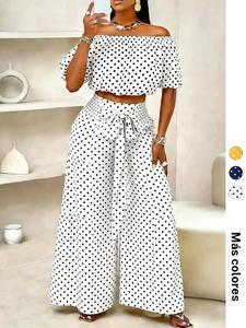 Conjunto de dos piezas para mujer primavera/verano con lunares, estilo casual para vacaciones: top corto de hombros descubiertos y pantalón de pierna ancha de cintura alta; conjunto ajustado.