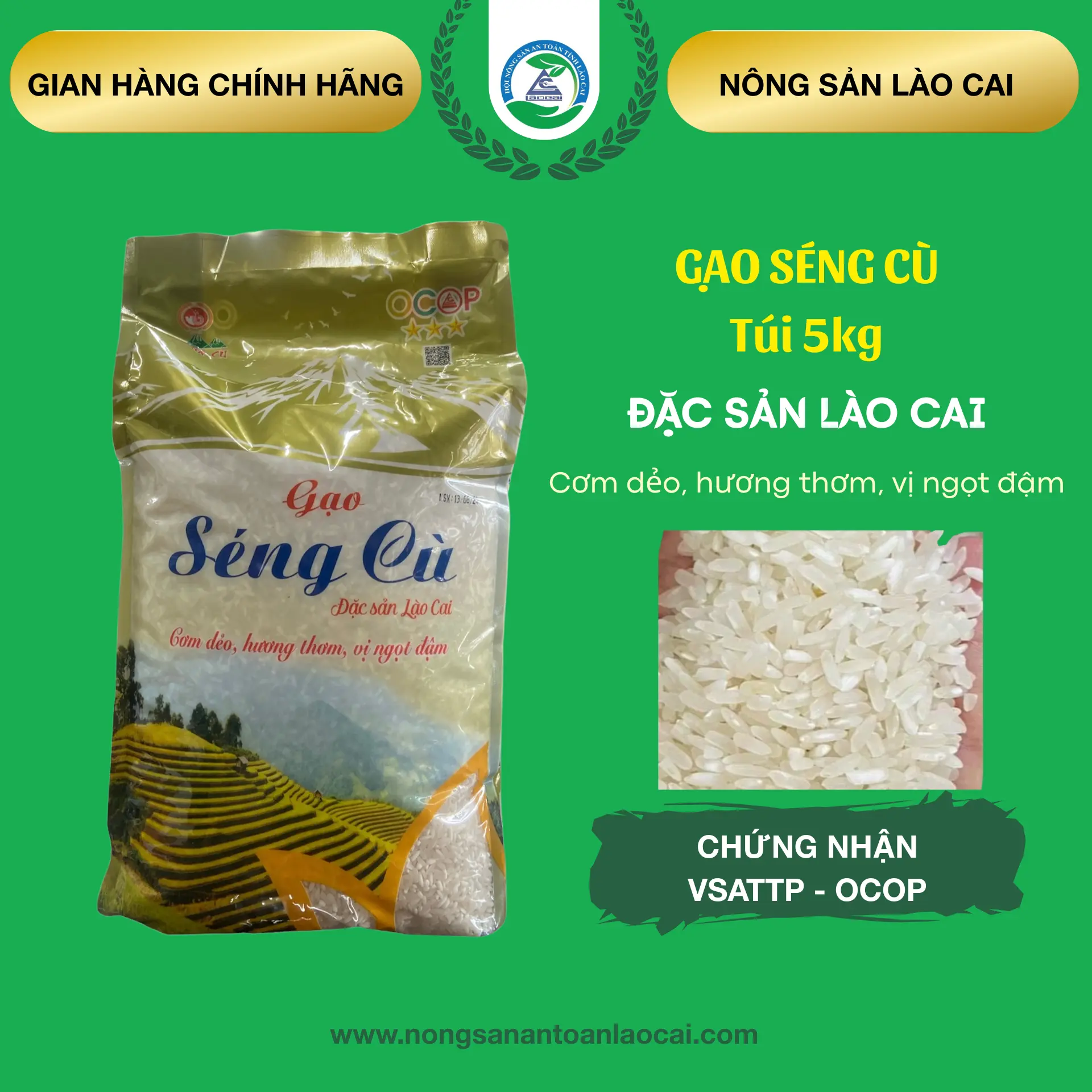 Gạo Séng Cù hạt dài túi 5kg, chuẩn gạo OCOP