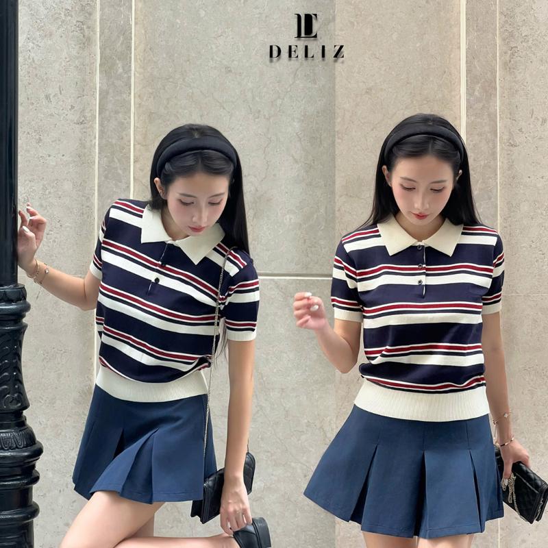 [MỞ BÁN] DELIZ - Áo polo len cho nữ cổ bẻ cộc tay phối màu kẻ ngang thanh lịch chất len lông thỏ mùa hè PL41