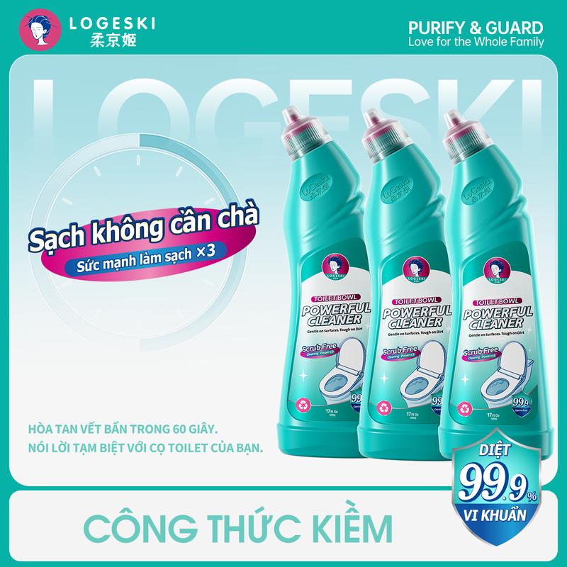 Nước tẩy bồn cầu Logeski, Sạch không cần chà, công thức kiềm, khử trùng và khử mùi - 500ml × 3 chai, dùng để làm sạch lát gạch và kính
