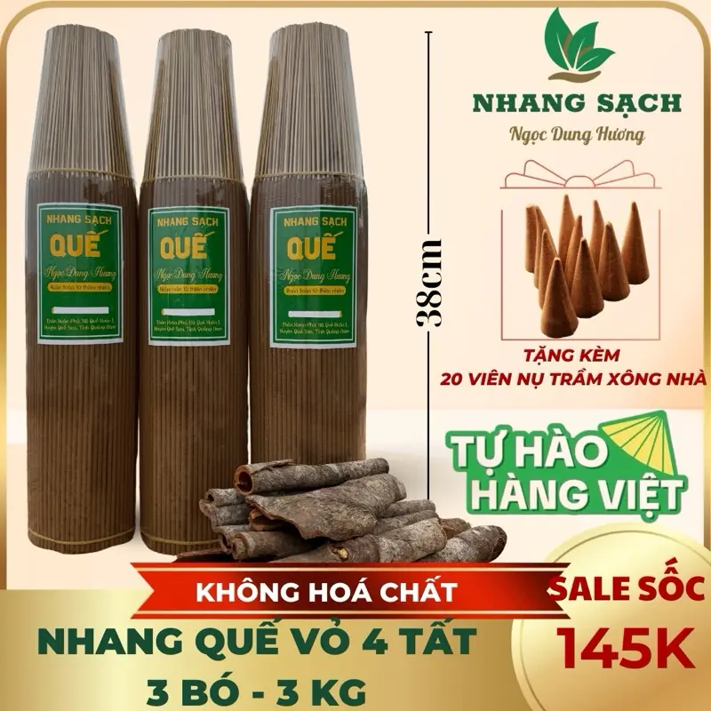 [4 TẤC] 3BÓ - 3KG NHANG QUẾ SẠCH 4 TẤC(38CM) ~ MÙI THƠM NHẸ NHÀNG ~ KHÔNG HOÁ CHẤT. {Tặng kèm 20 nụ xông nhà}