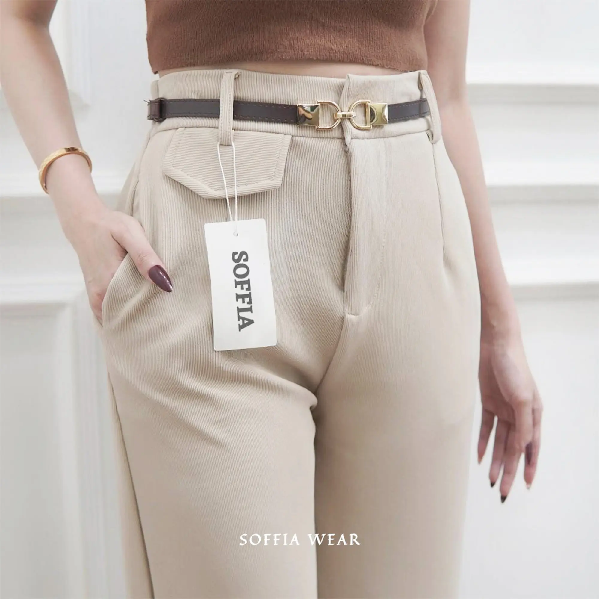 SOFFIA - Oro Pants Knit Celana Panjang Korean Style | Celana Panjang Hightwaist Ivory
