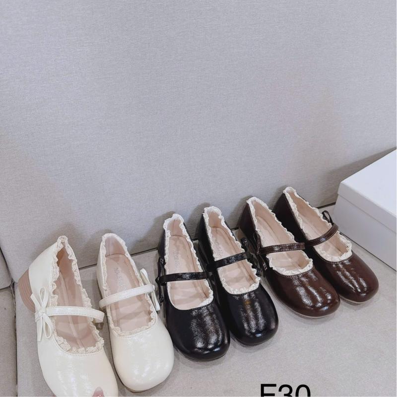 Giày Búp Bê Quai Nơ Phối Ren Viền Tiểu Thư Đế Gỗ 3P 3 Màu Da Mềm Mũi Tròn F30