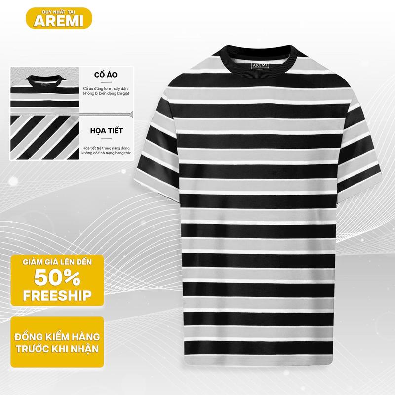  Áo thun nam tay ngắn cổ tròn AREMI chất liệu cotton co giản thiết kế sọc ngang trẻ trung ATS0088 