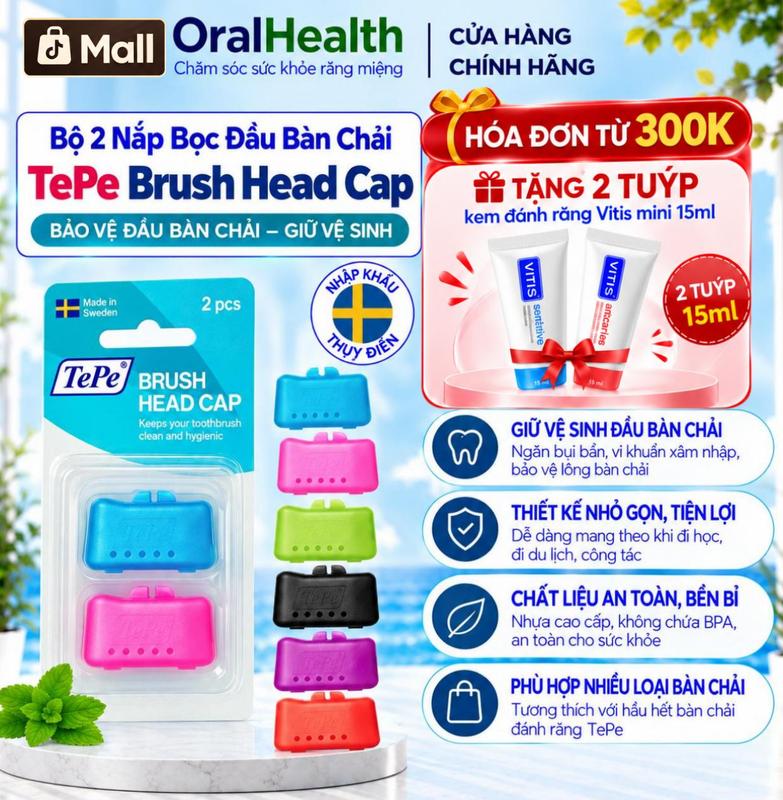 Bộ 2 Nắp Bọc Đầu Bàn Chải TEPE Brush Head Cap – Bảo Vệ Bàn Chải Sau Khi Sử Dụng, Nhập khẩu Thuỵ Điển