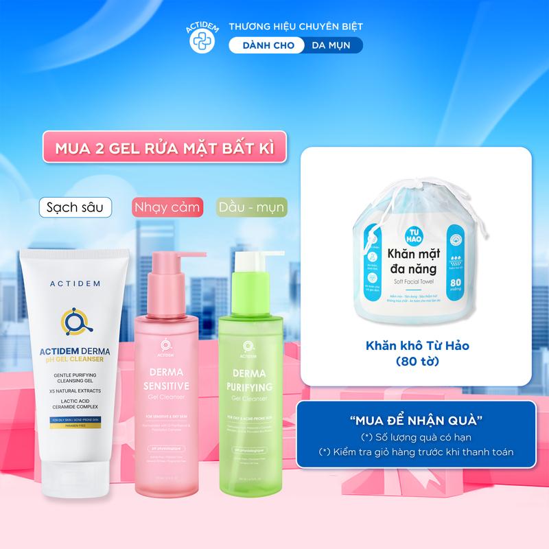 [Tặng Bông tẩy trang + Tăm bông khi mua 1 chai, Khăn khô khi mua 2 chai] Gel rửa mặt giúp ngừa mụn cho da dầu, nhạy cảm, da hỗn hợp Actidem Derma pH/Sensitive/Purifying Gel Cleanser 30/150/180ml- ADS